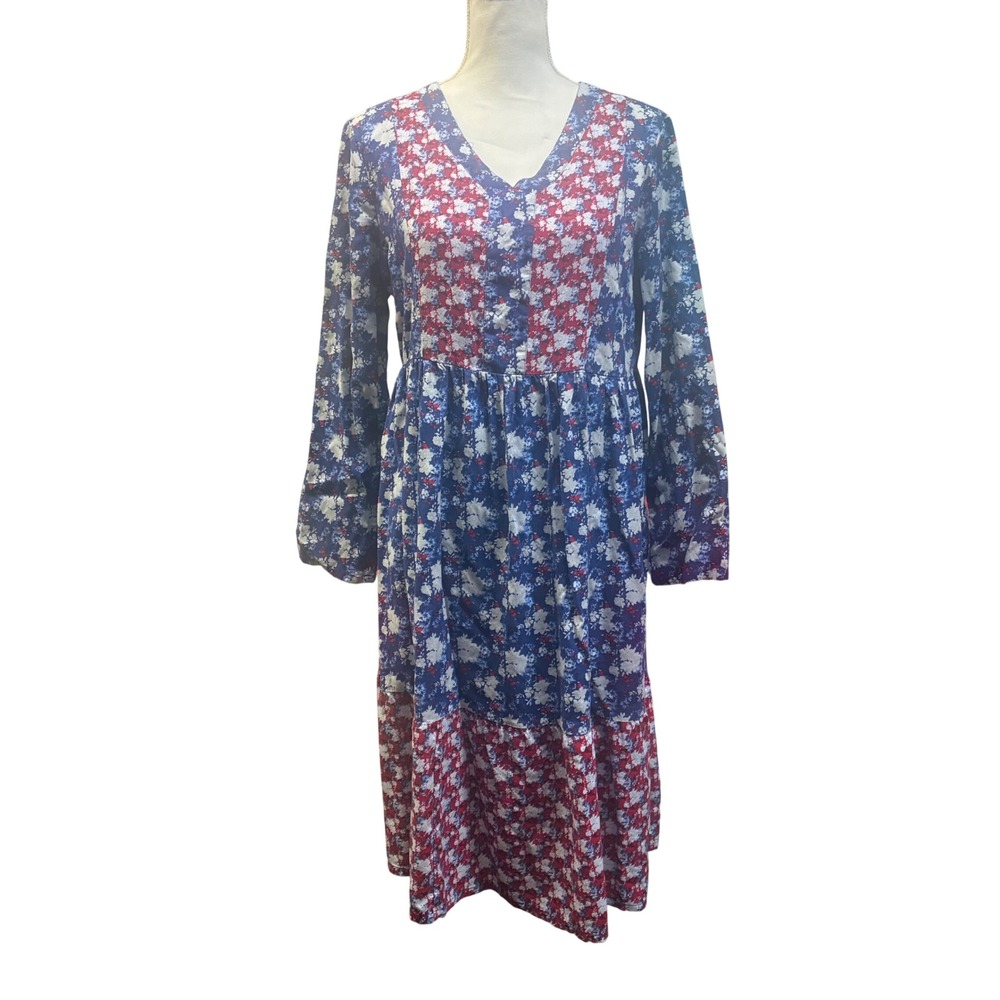 CW Classics Floral Midi‎ Dress Womens LG Blue Red White Excellent V-Neck Rayon